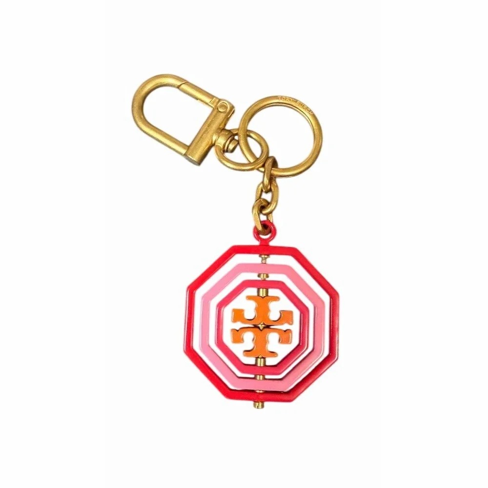 Tory Burch Keychain Bag Charm Pink Orange Gold Geometric Logo Rotating